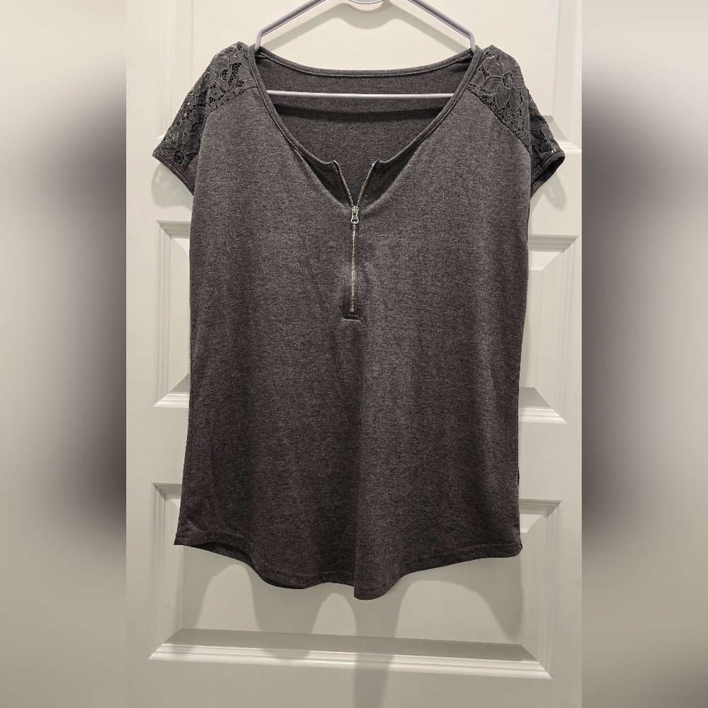 Gray Women's Top with Lace Sleeves